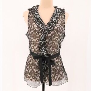 Sheer Polka Dot Ruffle Top Womens Size M Black White Office Siren Belt Zipper